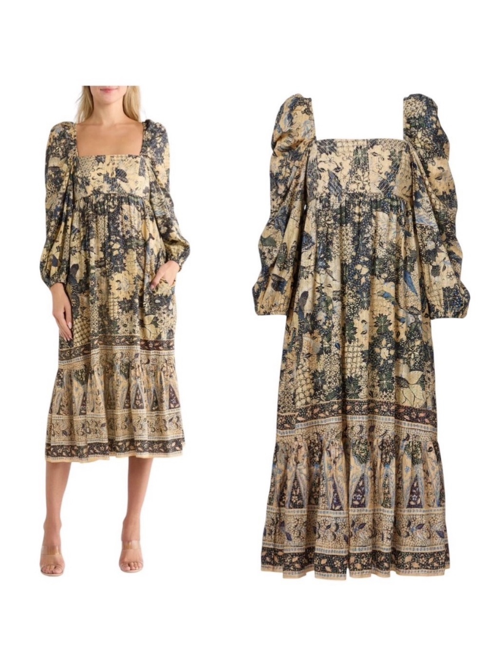 ULLA JOHNSON Natilda Boho Patchwork Floral Puff Sleeve Square Neck Maxi Dress